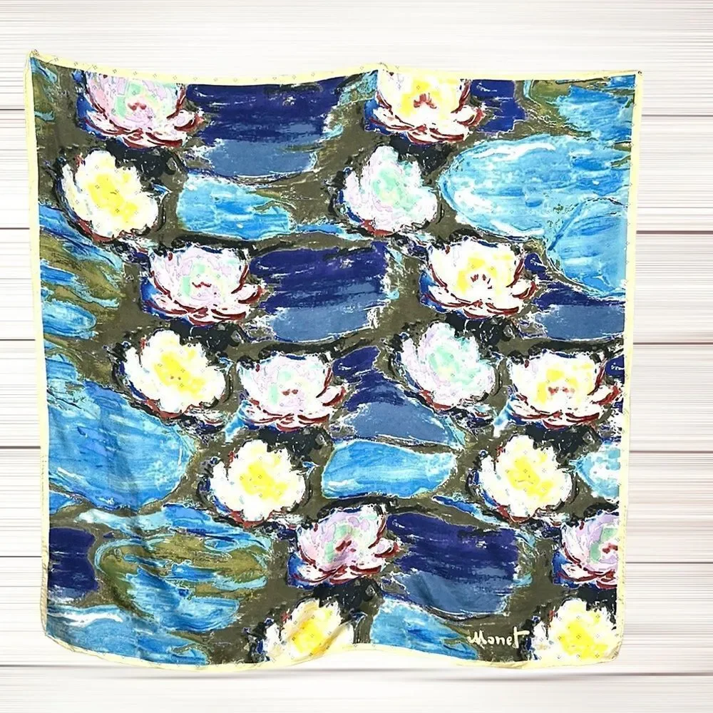 Water Lilies by MONET Scarf Vintage Silk Satin Square  Hand Rolled Blue Yellow